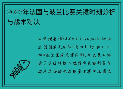 2023年法国与波兰比赛关键时刻分析与战术对决